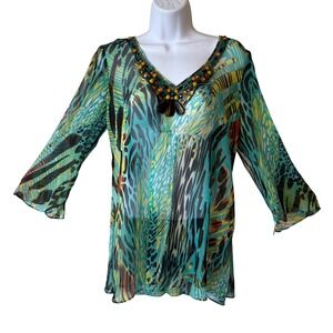 Cache 100% Small Silk Beaded Tunic‎ Top Turquoise Animal Print Sheer Empire